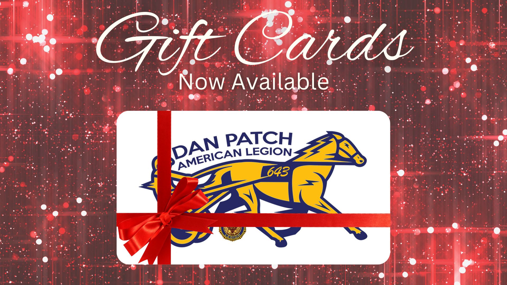 gift cards now available on red text with image of gift card with red bow pictured