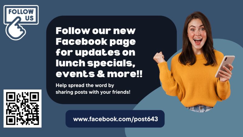 Follow our new Facebook page for updates on lunch specials, events and more. Help spread the word by sharing posts with your friends. 

www.facebook.com/post643