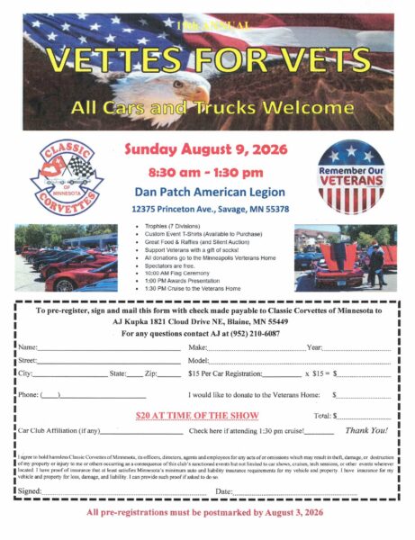 Vettes for Vets 2026 August 9, 2026 Pre-Registration Form
